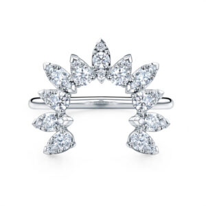 white gold semi circle sunburst ring set with round diamonds