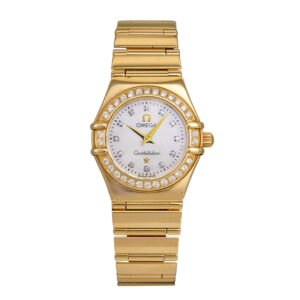 gold watch with a mother-of-pearl dial and diamond bezel
