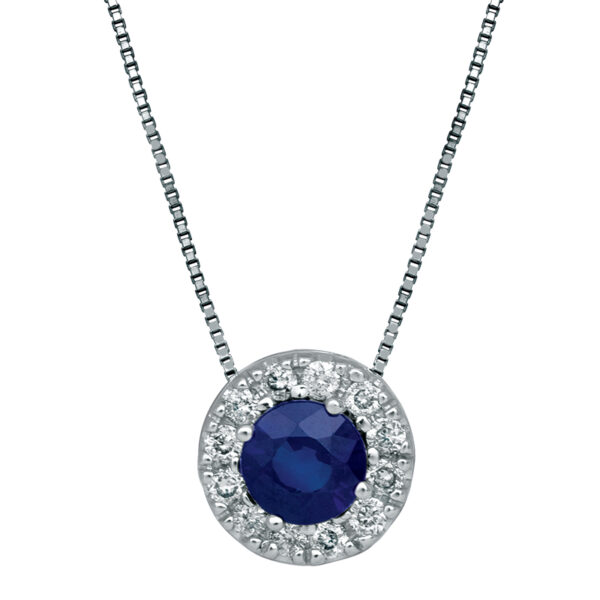 white gold halo pendant set with a round blue sapphire and round brilliant diamond halo