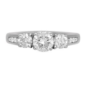 white gold 3-stone engagement ring set with round diamonds and small diamonds in the band