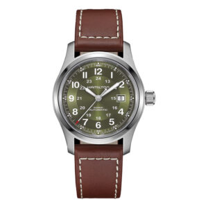 stainless steel watch with a green dial and brown leather strap