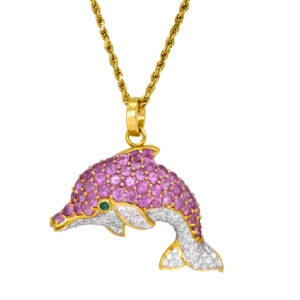 yellow and white gold dolphin pendant set with pink sapphires, white diamodns, and an emerald eye