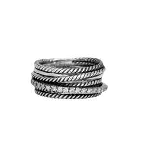 sterling silver crossover ring stack set with small diamonds