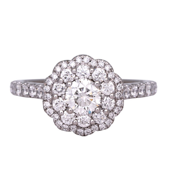 white gold engagement ring centered with a round diamond and surrounded by a double diamond halo with diamonds in the band