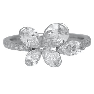 white gold flower motif ring set with pear, marquise, and round brilliant diamonds