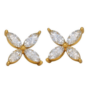 yellow gold flower earrings set with 4 marquise diamonds each