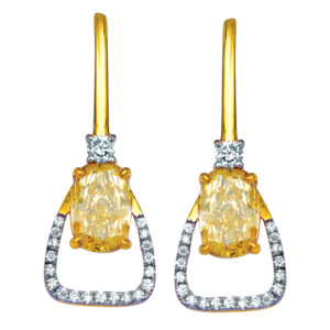 yellow gold drop earrings set with cushion fancy yellow diamonds and round brilliant white diamonds
