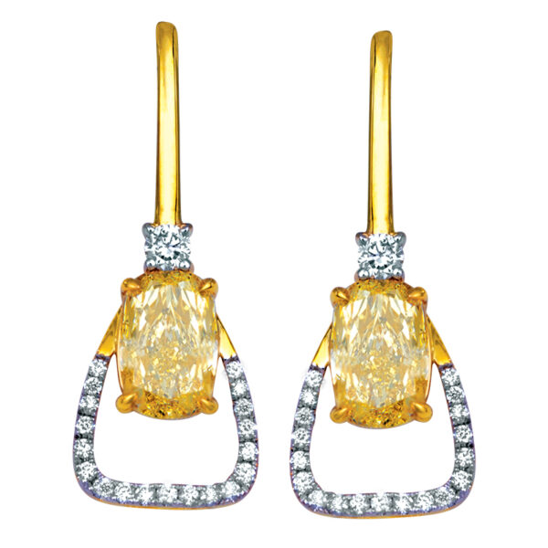 yellow gold drop earrings set with cushion fancy yellow diamonds and round brilliant white diamonds