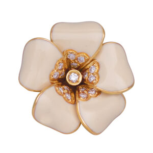 yellow gold floral ring set with round brilliant diamonds and ivory enamel
