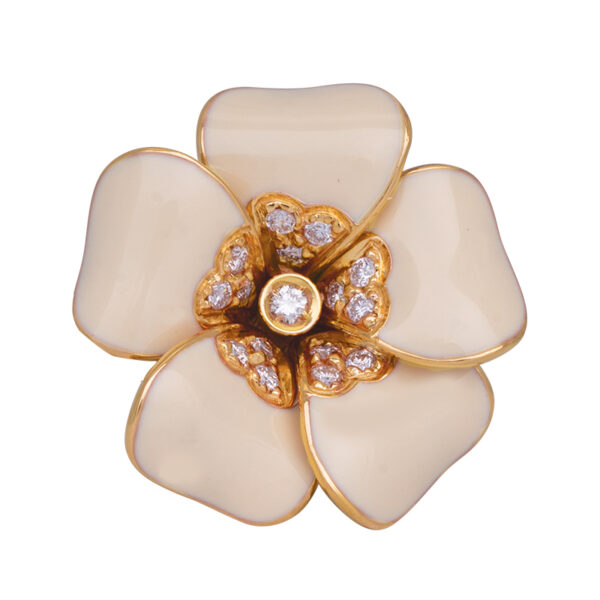 yellow gold floral ring set with round brilliant diamonds and ivory enamel