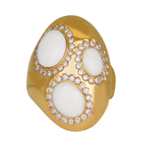 yellow gold oval ring with three oval cabochon white onyx surrounded by round brilliant diamond haloes