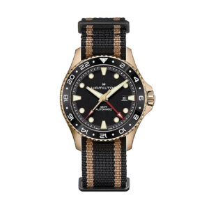bronze watch with blak dial, black and gold NATO fabric strap and black hardware