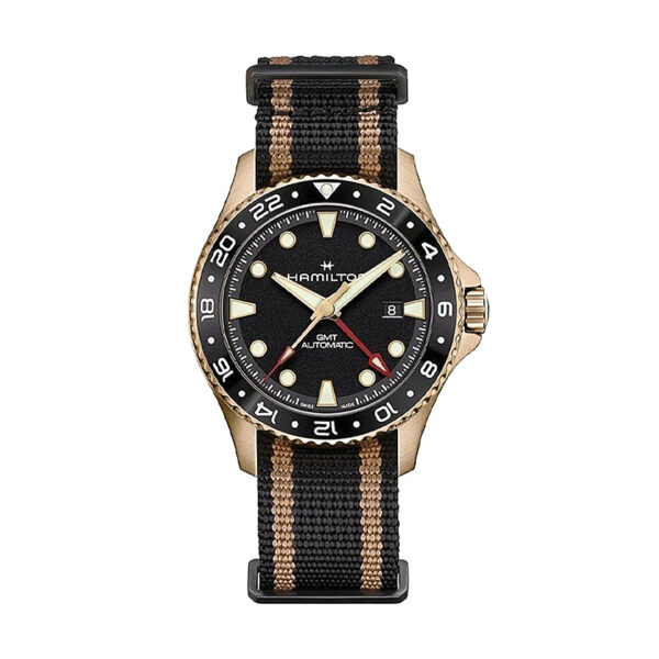 bronze watch with blak dial, black and gold NATO fabric strap and black hardware