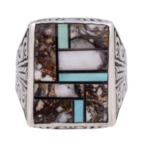 sterling silver Navajo rectangular ring inlayed with turquoise and jasper