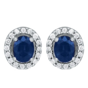 white gold halo earrings set with oval blue sapphires & round white diamond haloes