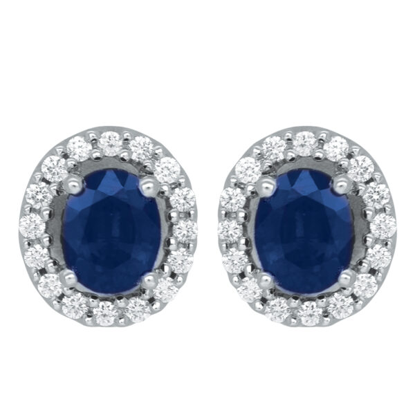 white gold halo earrings set with oval blue sapphires & round white diamond haloes