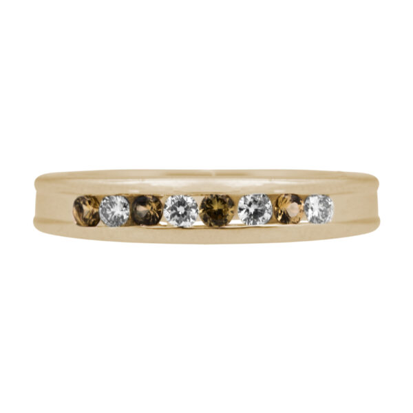 yellow gold band set with alternating round yellow sapphire and round diamonds