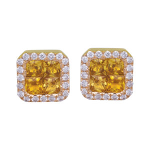 yellow gold earrings set with princess yellow sapphires surrounded by round brilliant diamond haloes
