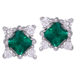 white gold stud earrings with princess cut emeralds surrounded by 4 round brilliant diamonds