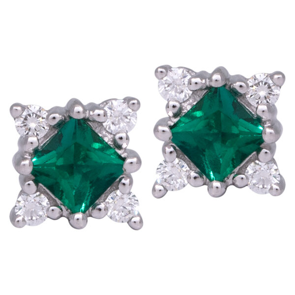 white gold stud earrings with princess cut emeralds surrounded by 4 round brilliant diamonds