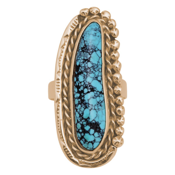 yellow gold ring set with an elongated irregular cabochon turquoise
