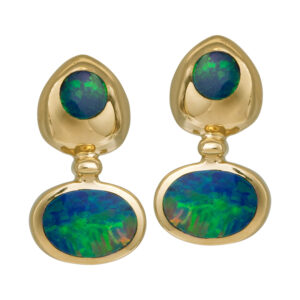 yellow gold drop earrings set with round and oval opal doublets
