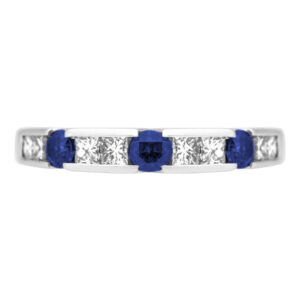 white gold alternating band set with round blue sapphires and princess cut diamonds