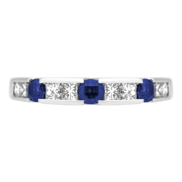 white gold alternating band set with round blue sapphires and princess cut diamonds