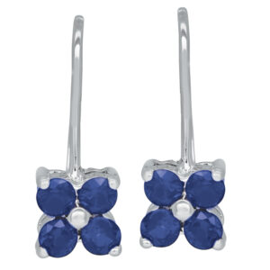 white gold flower drop earrings set with 4 round brilliant blue sapphires each