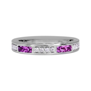 white gold band set with princess pink sapphires and round white diamonds