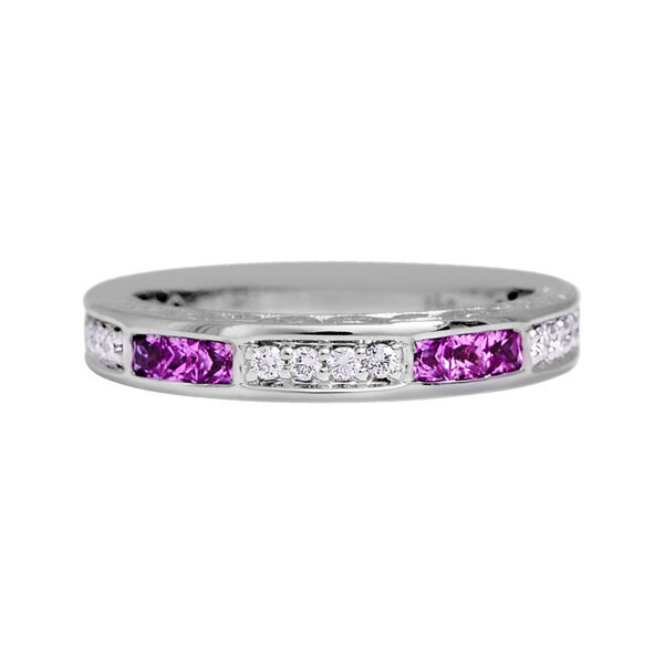 white gold band set with princess pink sapphires and round white diamonds