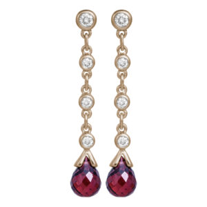 yellow gold drop earrings set with round diamonds and garnet briolettes