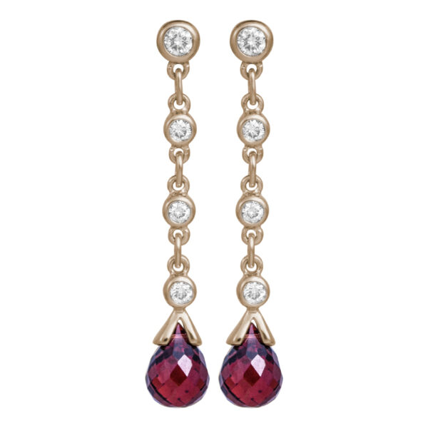 yellow gold drop earrings set with round diamonds and garnet briolettes