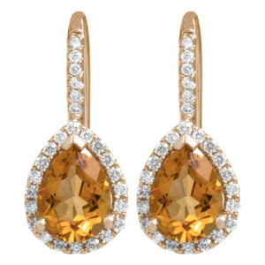 yellow gold halo drop earrings set with pear citrine surrounded by round brilliant diamon haloes