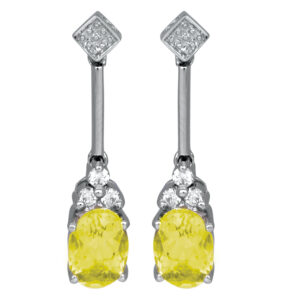 white gold drop earrings set with oval lemon quartz and small round brilliant diamonds