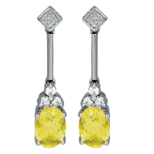 white gold drop earrings set with oval lemon quartz and small round brilliant diamonds