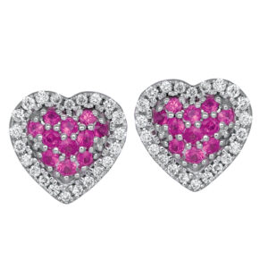 white gold heart earrings set with round pink sapphires surrounded by round white diamonds