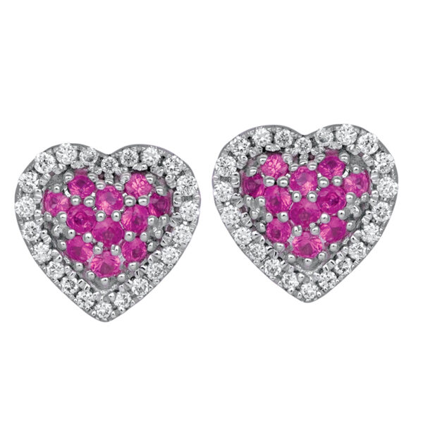 white gold heart earrings set with round pink sapphires surrounded by round white diamonds