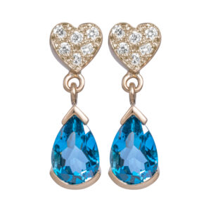 yellow gold heart drop earrings with round brilliant diamonds in the heart and drop pear london blue topaz