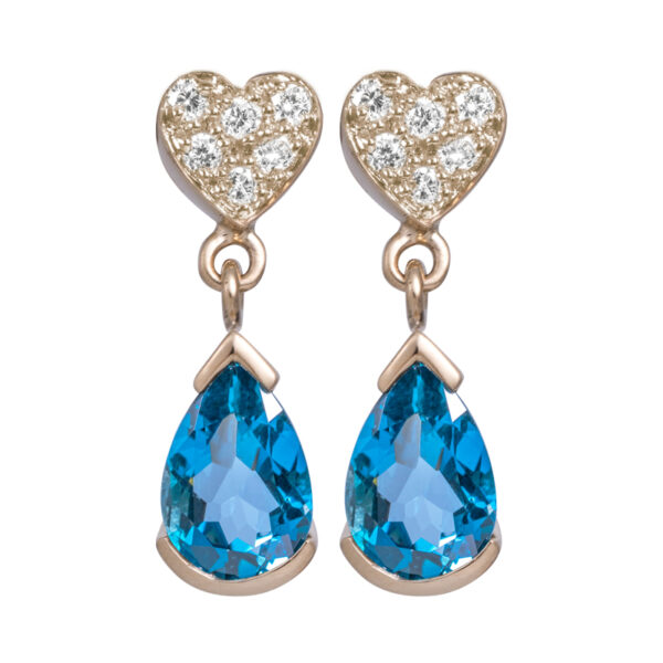 yellow gold heart drop earrings with round brilliant diamonds in the heart and drop pear london blue topaz