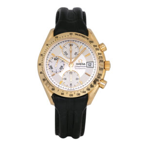 yellow gold chronograph watch with a silver dial and black leather