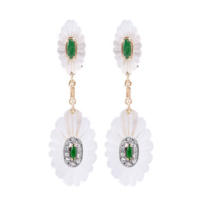 dangle earrings with carved oval rock crystal, small oval cabochon jade, and single cut diamonds