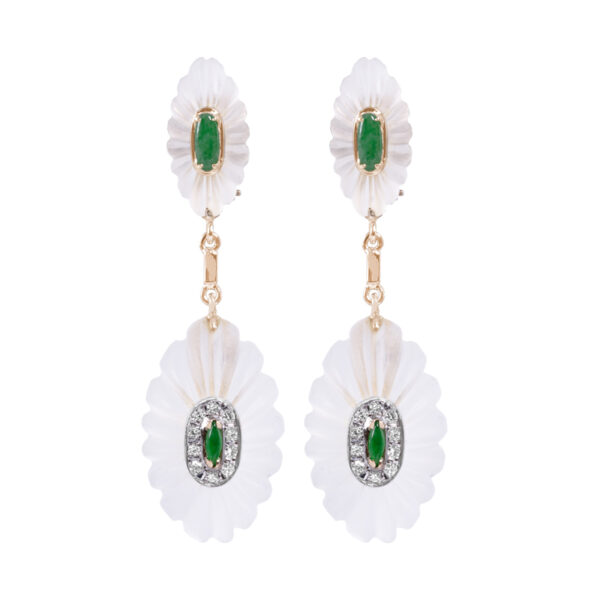 dangle earrings with carved oval rock crystal, small oval cabochon jade, and single cut diamonds
