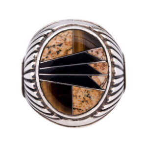 sterling silver men's ring with tiger's eye, jasper, and onyx intarsia inlays