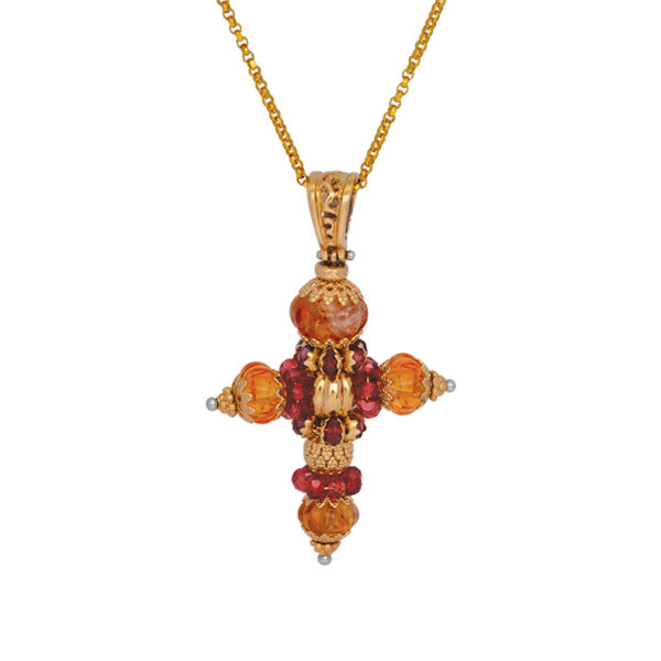 cross pendant set with citrine and garnet beads
