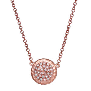 rose gold hammered finish circle pendant set with round diamonds