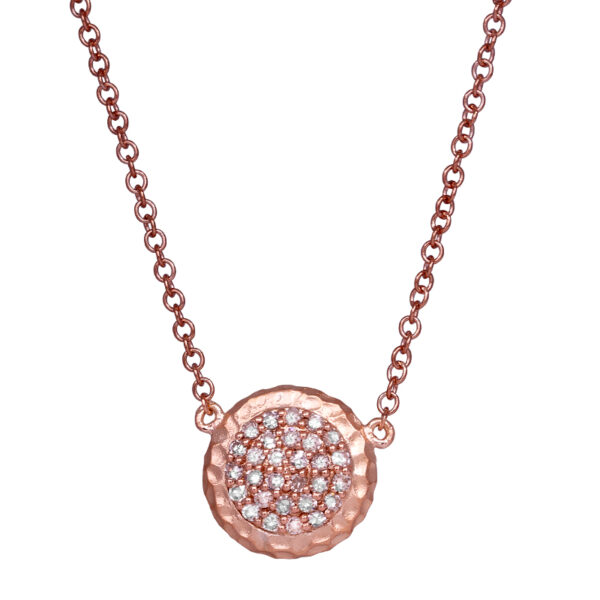 rose gold hammered finish circle pendant set with round diamonds