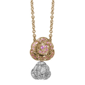rose and white gold peony flower pendant set with pink sapphires and white diamonds