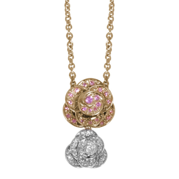 rose and white gold peony flower pendant set with pink sapphires and white diamonds