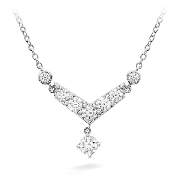 white gold necklace in a v shape with a dangle set with round brilliant diamonds